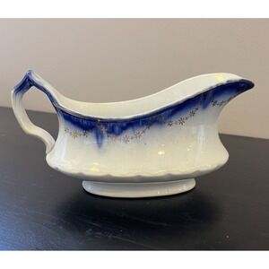 La Francaise Flow Blue Gravy Boat Blue Gold Antique England 1890s-1910s